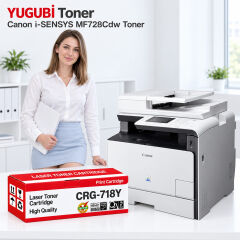 Canon i-SENSYS MF728Cdw CRG-718Y sarı muadil toner, kırmızı-beyaz kutu ve ofis kullanım sahnesi