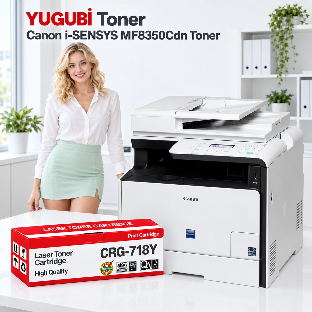 Canon i-SENSYS MF8350Cdn CRG-718Y sarı muadil toner, kırmızı-beyaz kutu ve ofis kullanım sahnesi