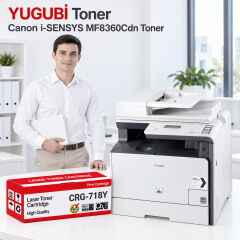Canon i-SENSYS MF8360Cdn CRG-718Y sarı muadil toner, kırmızı-beyaz kutu ve ofis kullanım sahnesi