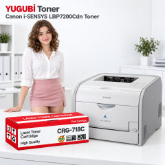 Canon i-SENSYS LBP7200Cdn CRG-718C mavi muadil toner, kırmızı-beyaz kutu ve ofis kullanım sahnesi