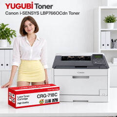 Canon i-SENSYS LBP7660Cdn CRG-718C mavi muadil toner, kırmızı-beyaz kutu ve ofis kullanım sahnesi