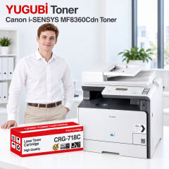 Canon i-SENSYS MF8360Cdn CRG-718C mavi muadil toner, kırmızı-beyaz kutu ve ofis kullanım sahnesi
