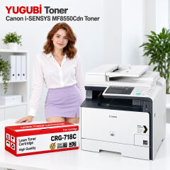 Canon i-SENSYS MF8550Cdn CRG-718C mavi muadil toner, kırmızı-beyaz kutu ve ofis kullanım sahnesi