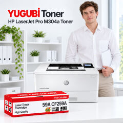HP LaserJet Pro M304a 59A CF259A çipsiz muadil toner, kırmızı-beyaz kutu ve ofis kullanım sahnesi