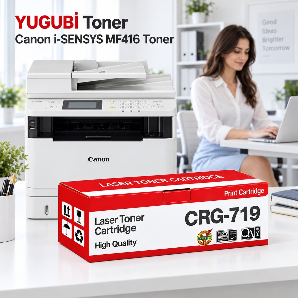 Canon i-SENSYS MF416 CRG-719 Siyah Muadil Toner 2.1K, CRG-719 kırmızı-beyaz toner kutusu önde ve Canon i-SENSYS MF416 yazıcılı beyaz modern ofis sahnesi