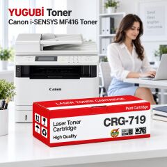 Canon i-SENSYS MF416 CRG-719 Siyah Muadil Toner 2.1K, CRG-719 kırmızı-beyaz toner kutusu önde ve Canon i-SENSYS MF416 yazıcılı beyaz modern ofis sahnesi