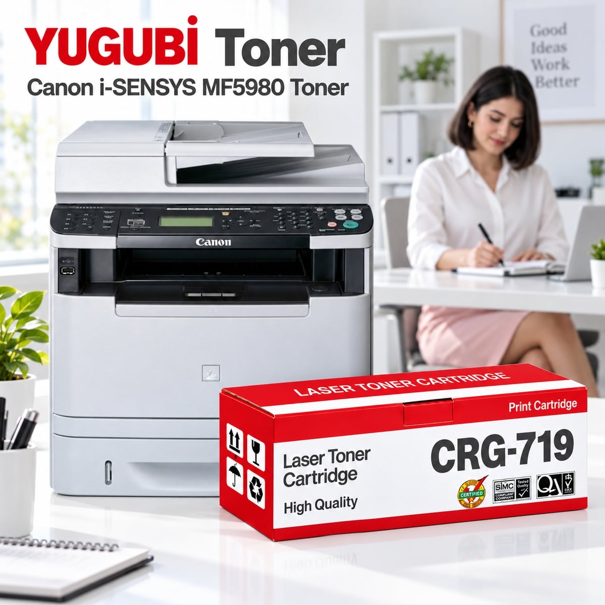 Canon i-SENSYS MF5980 CRG-719 Siyah Muadil Toner, kırmızı-beyaz CRG-719 kutusu ve Canon MF5980 yazıcı, beyaz modern ofis