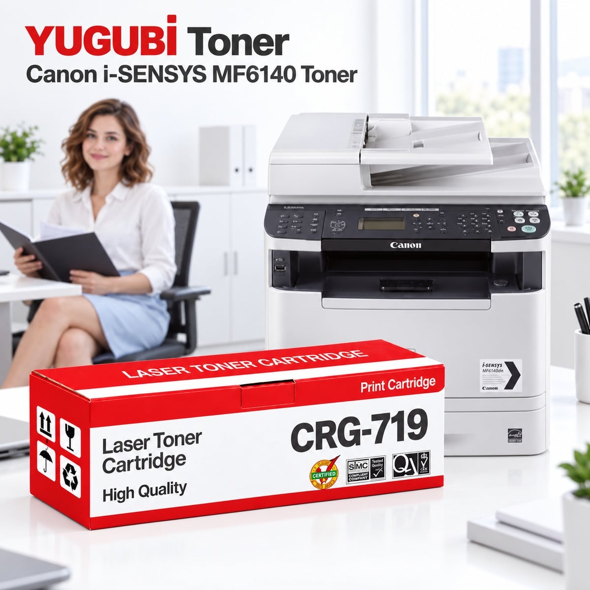 Canon i-SENSYS MF6140 CRG-719 Siyah Muadil Toner, kırmızı-beyaz CRG-719 kutusu ve Canon MF6140 yazıcı, beyaz modern ofis