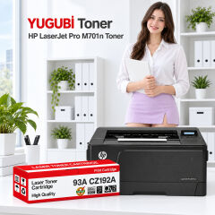 HP LaserJet Pro M701n 93A CZ192A muadil toner, kırmızı-beyaz kutu ve ofis kullanım sahnesi