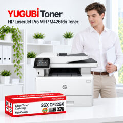 HP LaserJet Pro MFP M426fdn 26X CF226X muadil toner, kırmızı-beyaz kutu ve ofis kullanım sahnesi