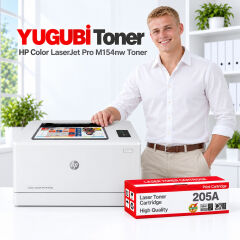 HP Color LaserJet Pro M154nw 205A muadil toner, kırmızı-beyaz kutu ve ofis kullanım sahnesi
