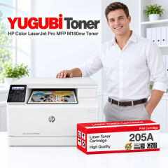 HP Color LaserJet Pro MFP M180nw 205A muadil toner, kırmızı-beyaz kutu ve ofis kullanım sahnesi