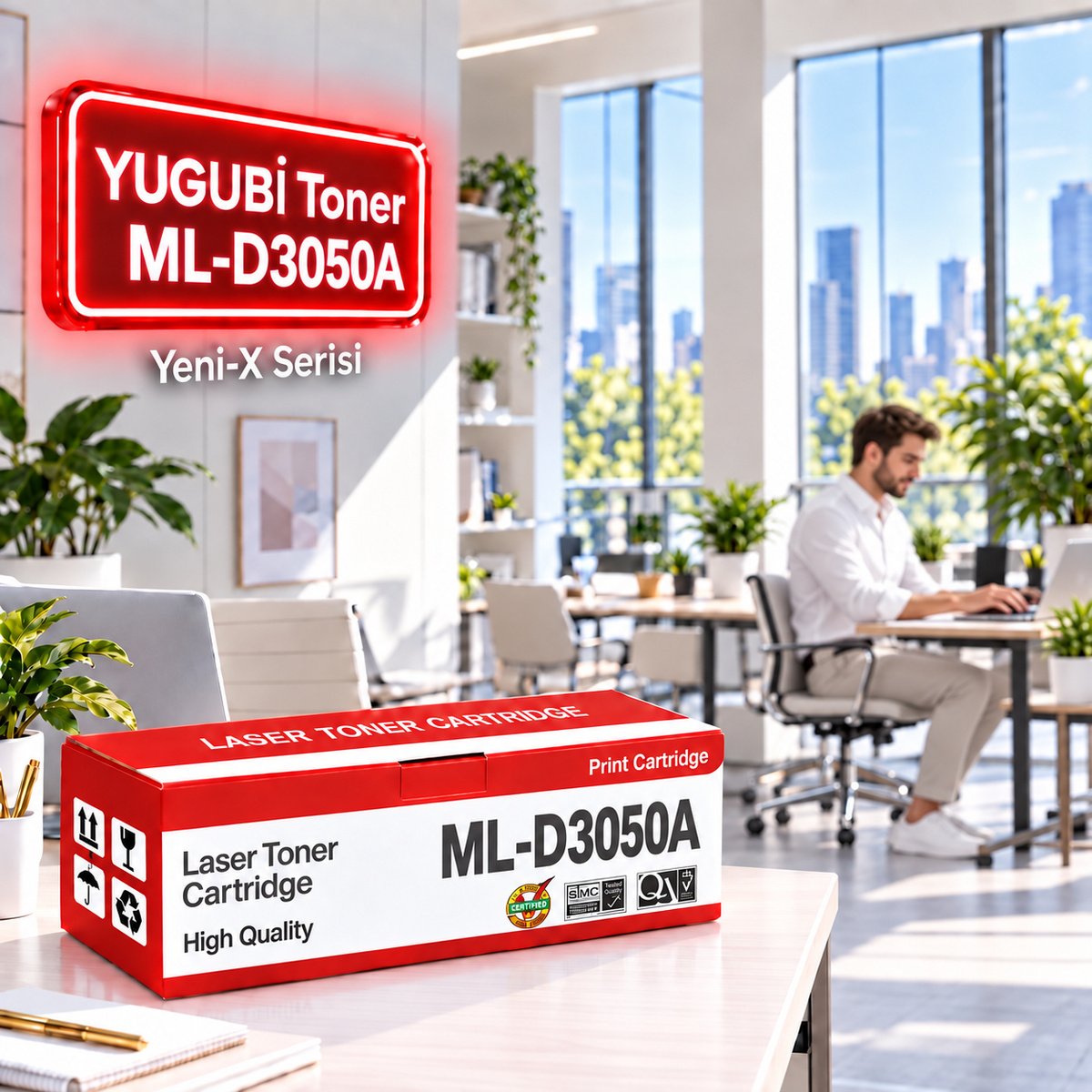 Samsung ML-D3050A Muadil Toner 4K, kırmızı-beyaz kutu ve neon tabelalı ofis sahnesi