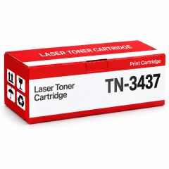 Brother HL-L5200DW Muadil Toner 8K, TN-3437 kırmızı-beyaz toner kutusu ve Brother yazıcılı ofis sahnesi
