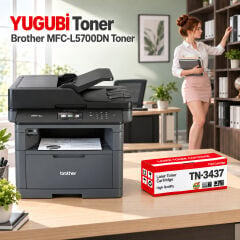 Brother MFC-L5700DN Muadil Toner 8K, TN-3437 kırmızı-beyaz toner kutusu ve Brother yazıcılı ofis sahnesi