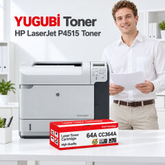 HP LaserJet P4515 64A CC364A muadil toner, kırmızı-beyaz kutu ve ofis kullanım sahnesi