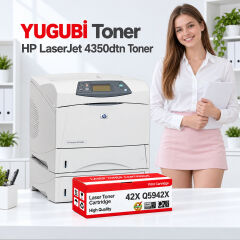 HP LaserJet 4350dtn 42X Q5942X muadil toner, kırmızı-beyaz kutu ve ofis kullanım sahnesi