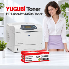HP LaserJet 4350n 42X Q5942X muadil toner, kırmızı-beyaz kutu ve ofis kullanım sahnesi