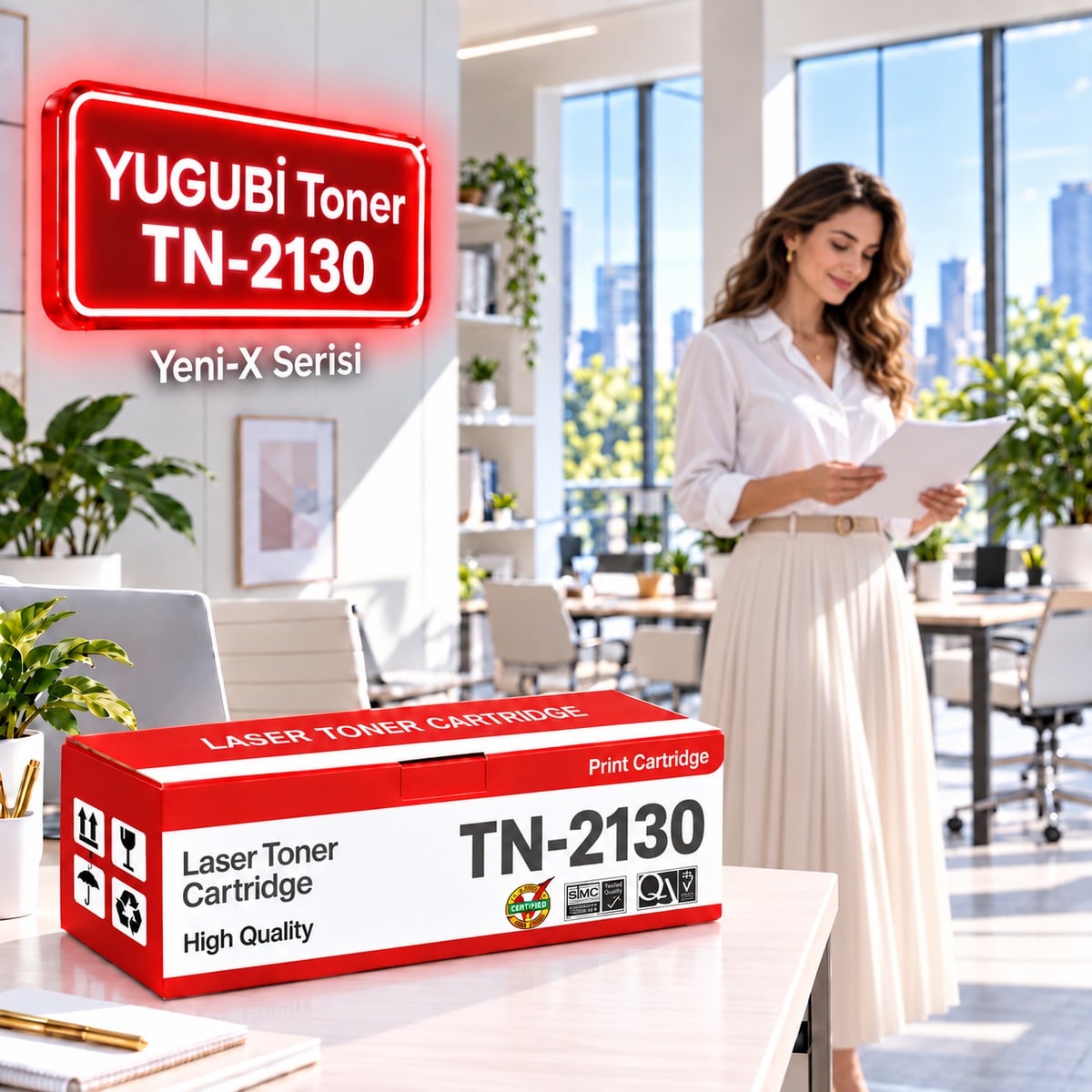 Brother TN-2130 Muadil Toner 2.6K, kırmızı-beyaz kutu ve neon tabelalı ofis sahnesi