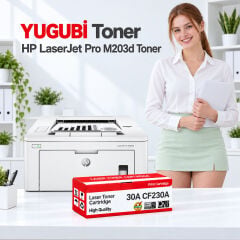 HP LaserJet Pro M203d 30A CF230A çipli muadil toner, kırmızı-beyaz kutu ve ofis kullanım sahnesi