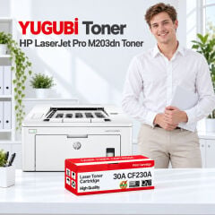 HP LaserJet Pro M203dn 30A CF230A çipli muadil toner, kırmızı-beyaz kutu ve ofis kullanım sahnesi