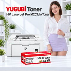 HP LaserJet Pro M203dw 30A CF230A çipli muadil toner, kırmızı-beyaz kutu ve ofis kullanım sahnesi