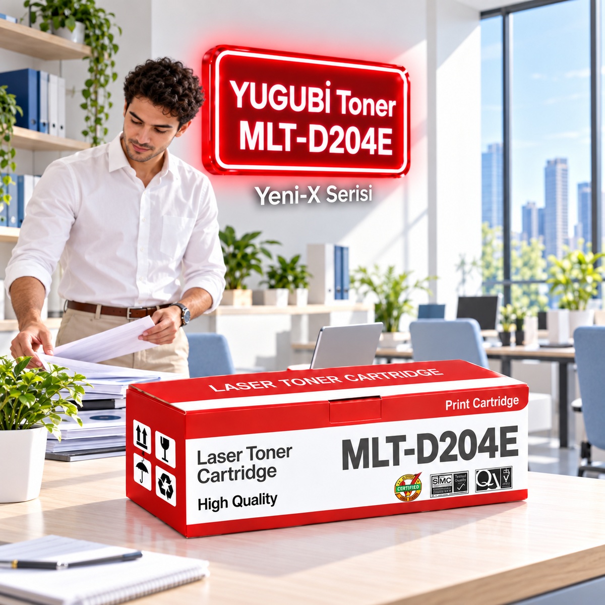 Samsung MLT-D204E Muadil Toner 10K, kırmızı-beyaz kutu ve neon tabelalı ofis sahnesi