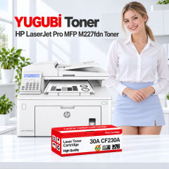 HP LaserJet Pro MFP M227fdn 30A CF230A çipli muadil toner, kırmızı-beyaz kutu ve ofis kullanım sahnesi