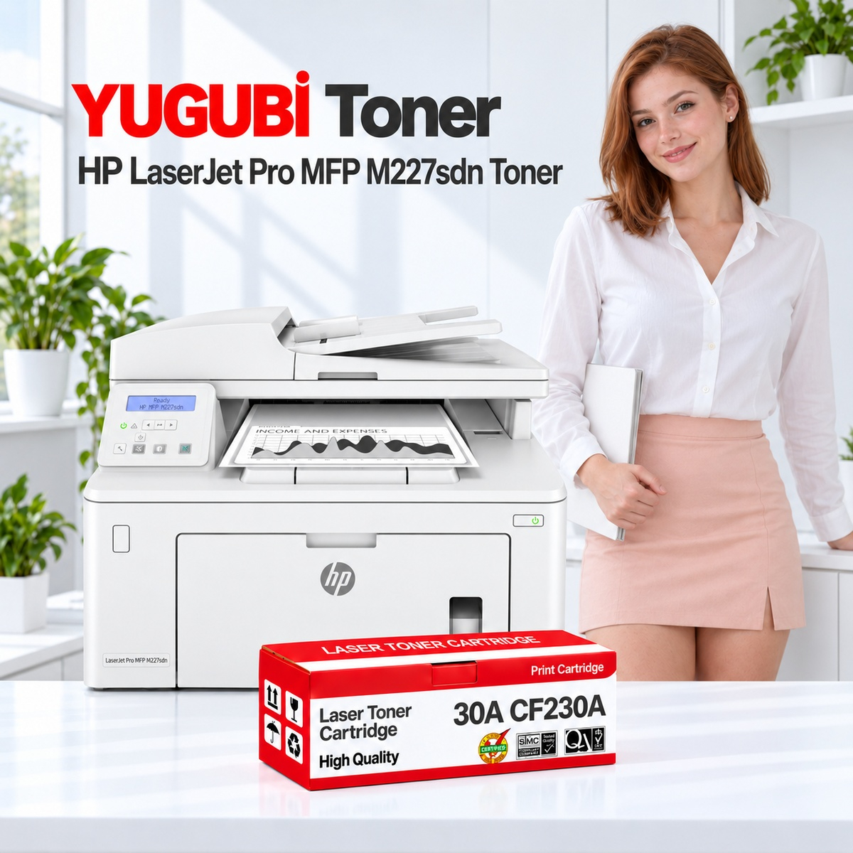 HP LaserJet Pro MFP M227sdn 30A CF230A çipli muadil toner, kırmızı-beyaz kutu ve ofis kullanım sahnesi
