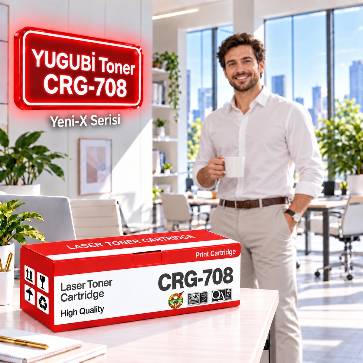 Canon CRG-708 Muadil Toner 2.5K, kırmızı-beyaz kutu ve neon tabelalı ofis sahnesi
