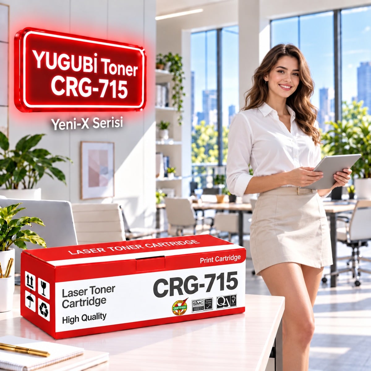 Canon CRG-715 Muadil Toner 2.5K, kırmızı-beyaz kutu ve neon tabelalı ofis sahnesi