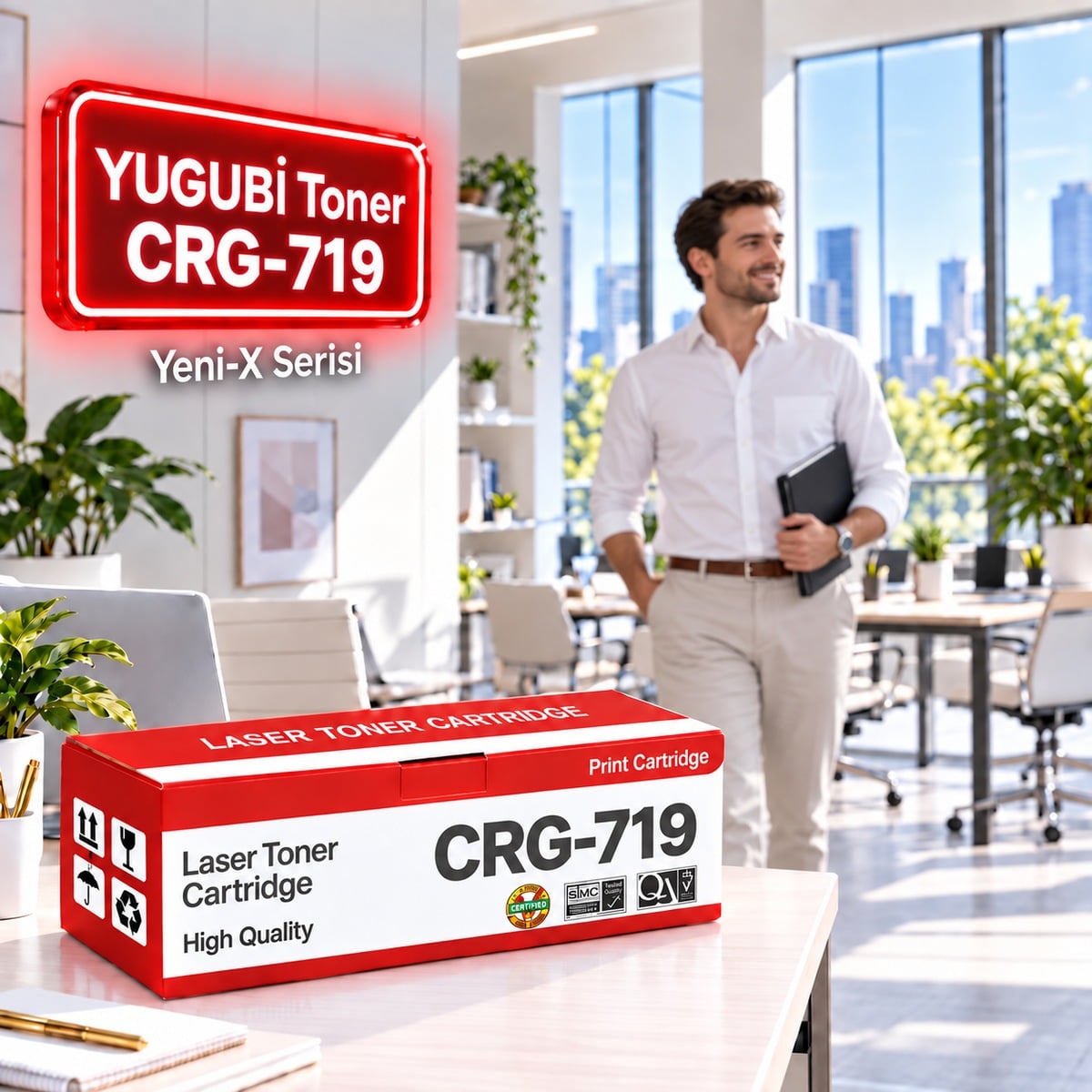 Canon CRG-719 Muadil Toner 2.1K, kırmızı-beyaz kutu ve neon tabelalı ofis sahnesi
