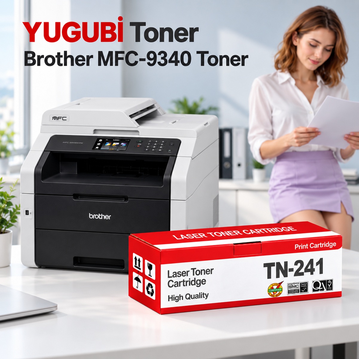Brother MFC-9340 Muadil Toner, TN-241 kırmızı-beyaz toner kutusu önde ve Brother yazıcılı beyaz modern çalışma masalı ofis sahnesi