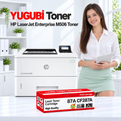 HP LaserJet Enterprise M506 87A CF287A muadil toner, kırmızı-beyaz kutu ve ofis kullanım sahnesi