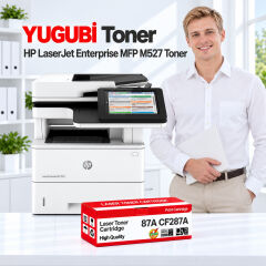 HP LaserJet Enterprise MFP M527 87A CF287A muadil toner, kırmızı-beyaz kutu ve ofis kullanım sahnesi