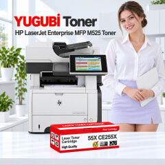 HP LaserJet Enterprise MFP M525 55X CE255X muadil toner, kırmızı-beyaz kutu ve ofis kullanım sahnesi