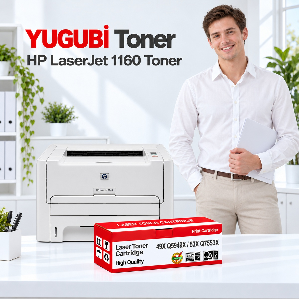 HP LaserJet 1160 49X Q5949X / 53X Q7553X muadil toner, kırmızı-beyaz kutu ve ofis kullanım sahnesi