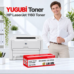 HP LaserJet 1160 49X Q5949X / 53X Q7553X muadil toner, kırmızı-beyaz kutu ve ofis kullanım sahnesi