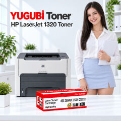 HP LaserJet 1320 49X Q5949X / 53X Q7553X muadil toner, kırmızı-beyaz kutu ve ofis kullanım sahnesi