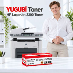 HP LaserJet 3390 49X Q5949X / 53X Q7553X muadil toner, kırmızı-beyaz kutu ve ofis kullanım sahnesi