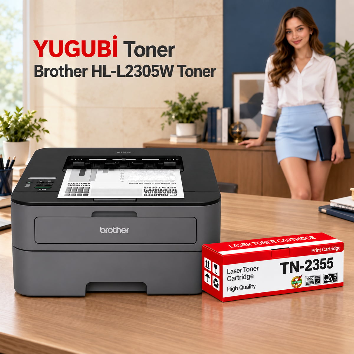Brother HL-L2305W için TN-2355 muadil toner, kırmızı-beyaz kutu ve ofis kullanım sahnesi