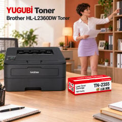 Brother HL-L2360DW Muadil Toner 2.6K, TN-2355 kırmızı-beyaz toner kutusu ve Brother yazıcılı ofis sahnesi