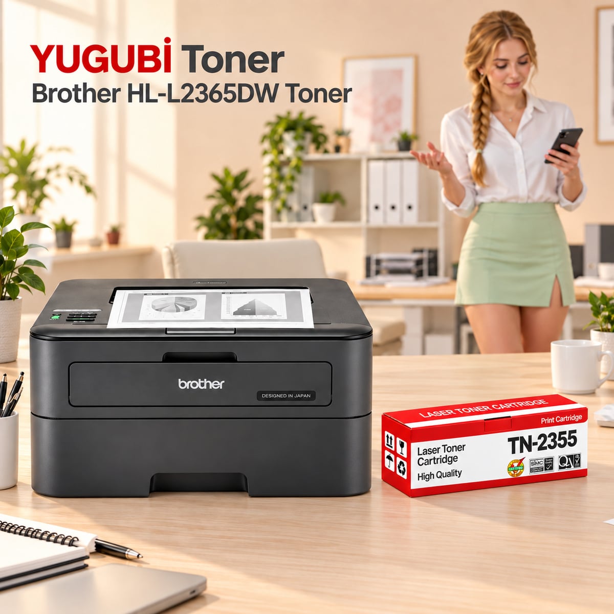 Brother HL-L2365DW için TN-2355 muadil toner, kırmızı-beyaz kutu ve ofis kullanım sahnesi