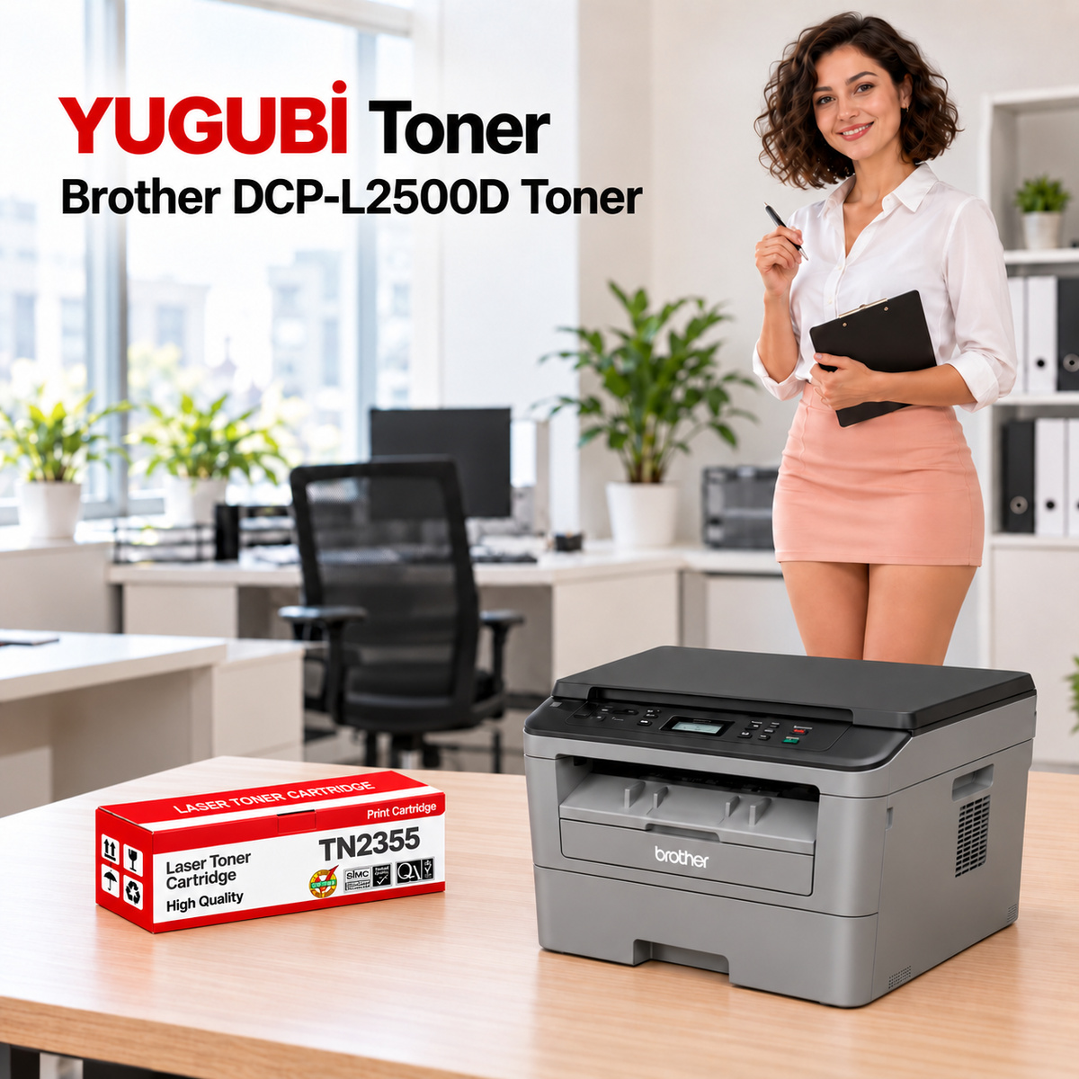 Brother DCP-L2500D Muadil Toner 2.6K, TN-2355 kırmızı-beyaz toner kutusu ve Brother yazıcılı ofis sahnesi